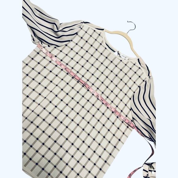 EUC Per Se by Carlisle Window Pane Plaid Cream Black top w/ Semi Sheer Sleeve XL - Picture 5 of 8